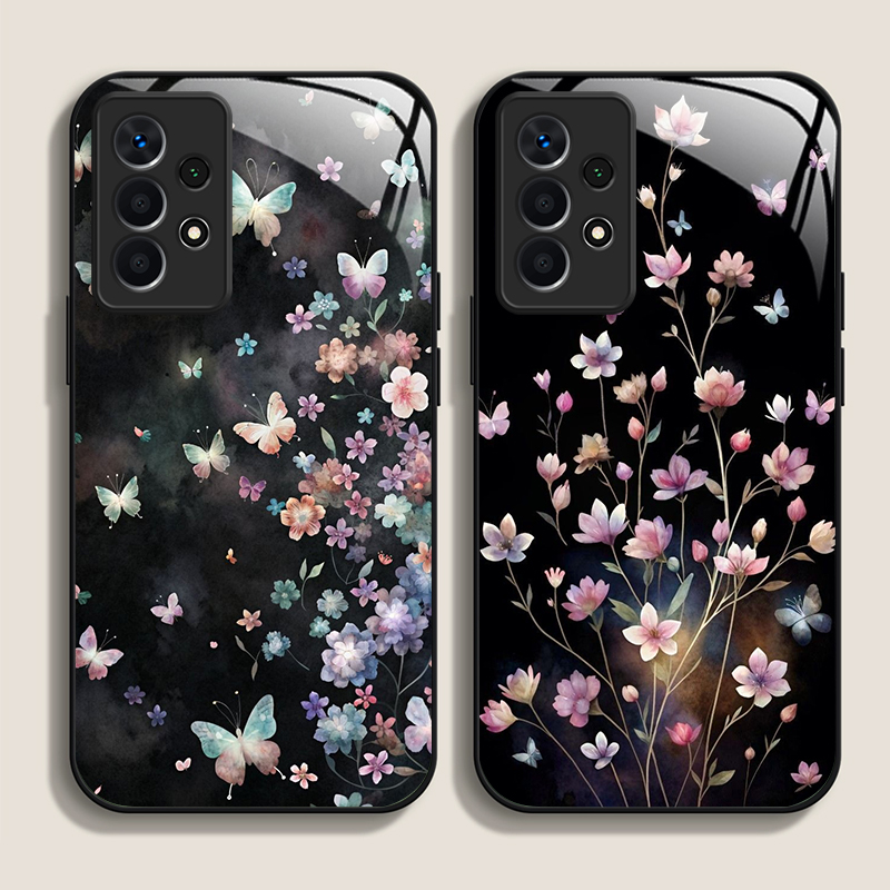 Samsung Galaxy A55 - เคสโทรศัพท์มือถือลายดอกไม้สไตล์วินเทจ ลายผีเสื้อ กระจกนิรภัย สำหรับ Samsung Galaxy